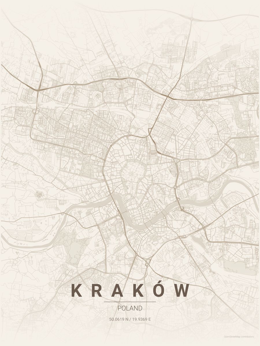 Minimalist map poster of Kraków, Poland