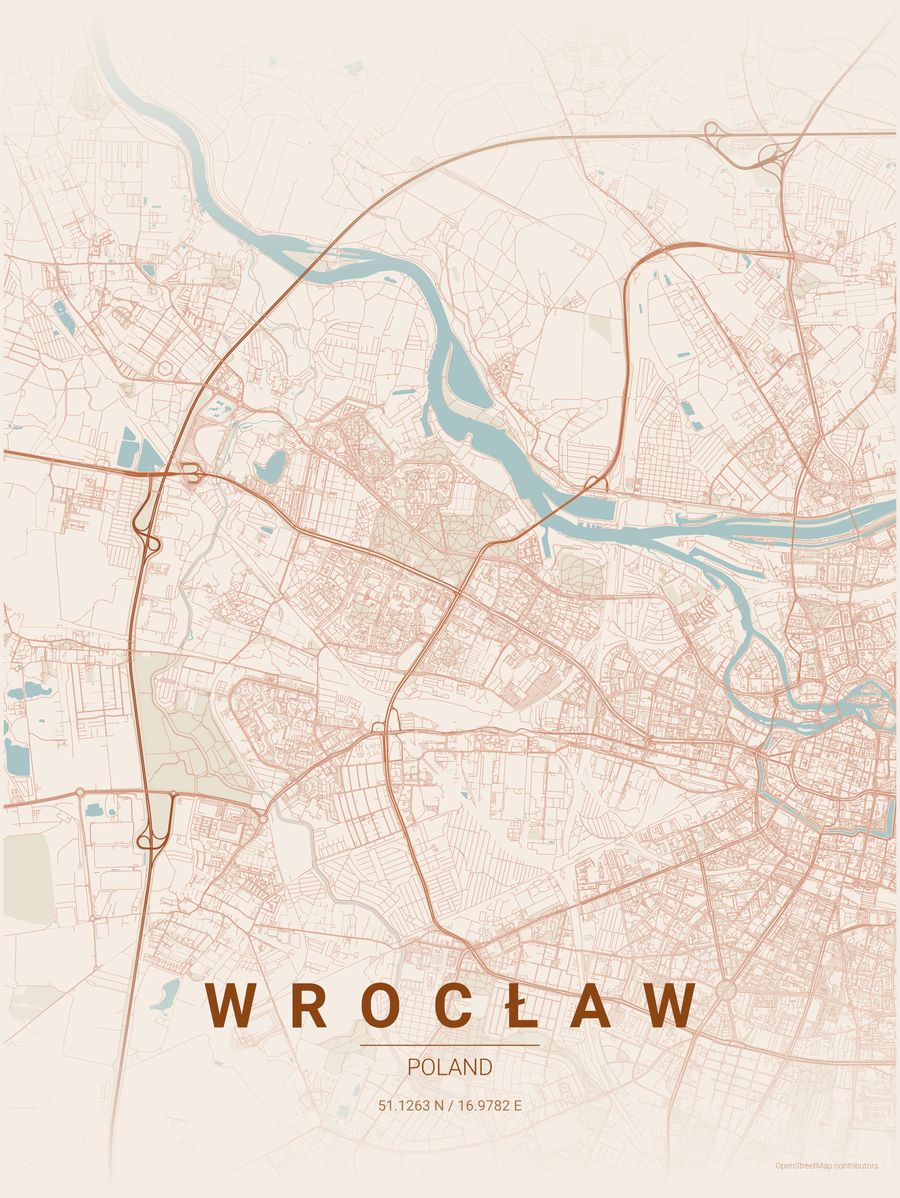 Minimalist map poster of Wrocław, Poland